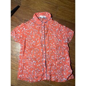 Boden Red Floral Button Up Short Sleeve Shirt sheer
